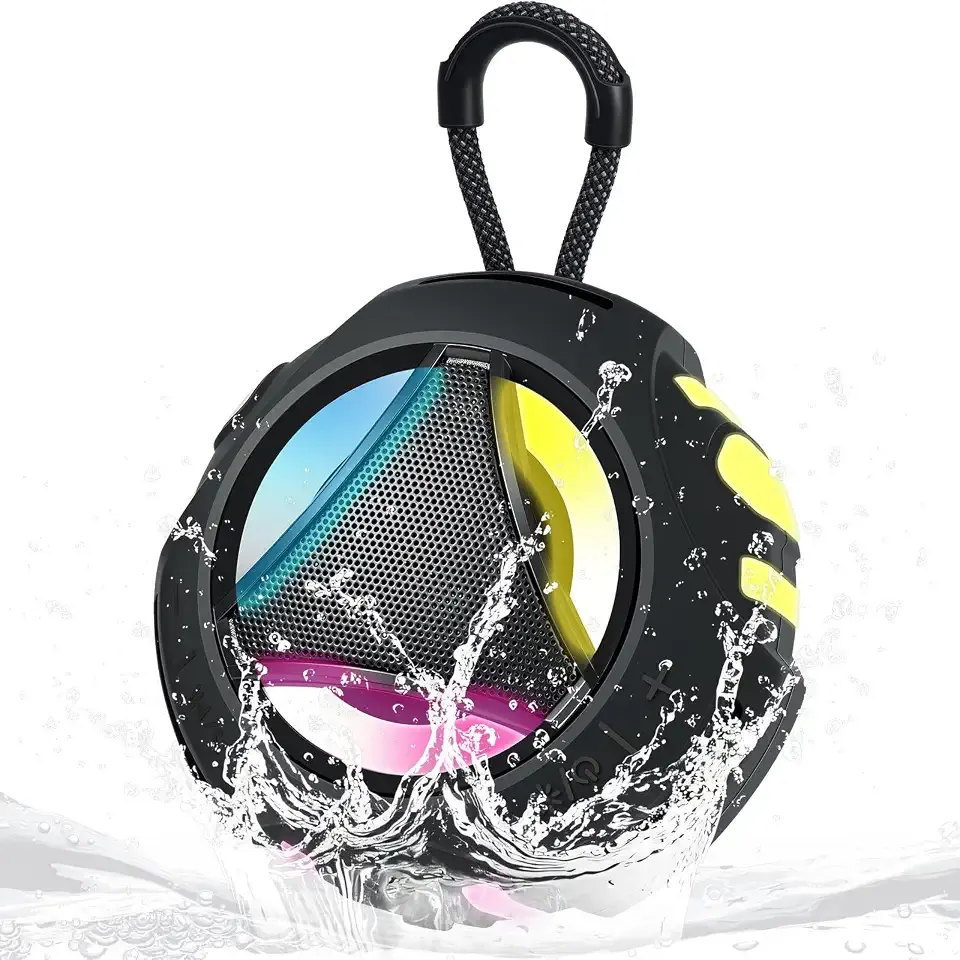 Bluetooth Shower Speaker Waterproof, Portable Bluetooth Speakers Wireless, Outdoor, Floating IPX7, Built-in Mic, 24H Playtime with LED Lights, Loud HD Sound, Powerful Bass, Gifts for Unisex - Black