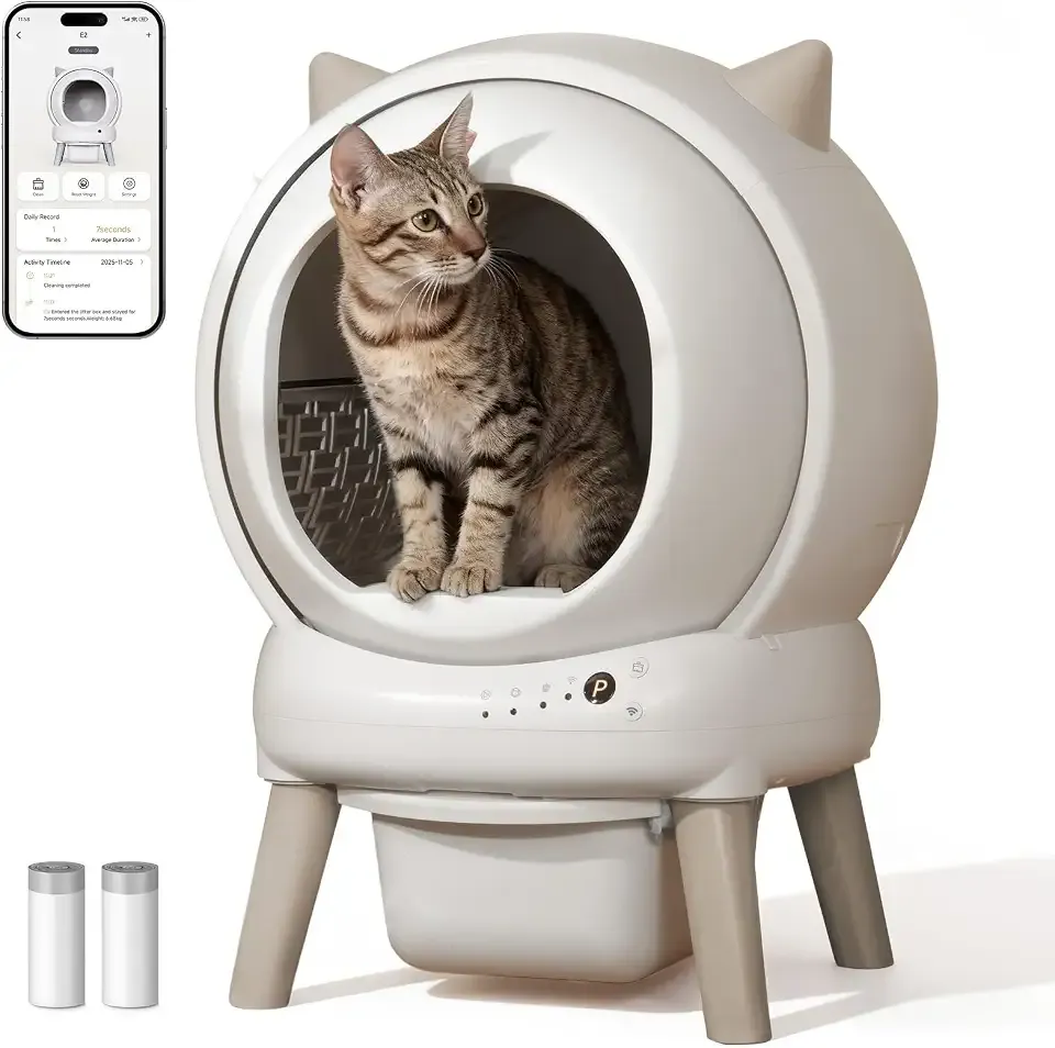 Automatic Litter Box, ZHMZ Self Cleaning Litter Box for Multiple Cats, Large Space Auto Robot with Dual Safety Sensors, Odor-Control with Mat,2 Roll Garbage Bags,Ivory White