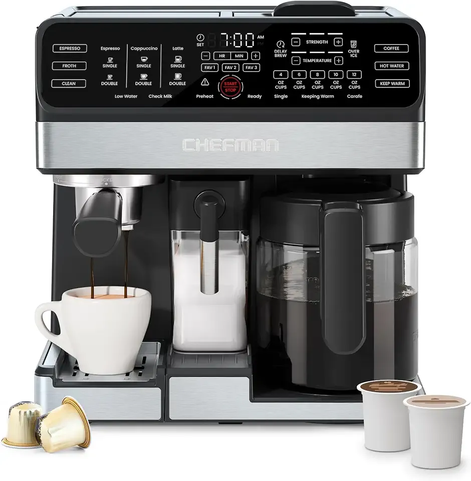 Coffee Maker Espresso Machine Combo, 8-in-1 Coffee Station with Automatic Milk Frother for Lattes, Cappuccinos, Macchiatos, 20-Bar Pump, 12-Cup Carafe & 3L Water Tank - Black