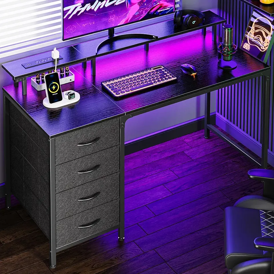 Huuger 47 Inch Computer Desk with Power Outlets and LED Lights, Gaming Desk with 4 Drawers, Office Desk with Monitor Stand, Study Work Home Office, Small Spaces, Black