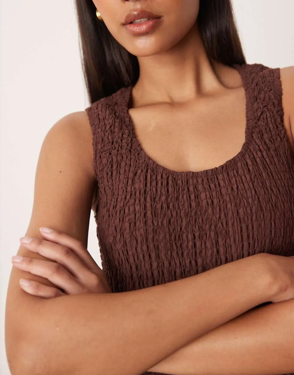 ASOS DESIGN crinkle scoop neck maxi sundress with shirred waist in chocolate