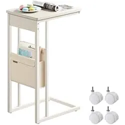 VASAGLE C-Shaped Side Table, End Table with Wheels, C Table for Couch, Sofa, with Storage Bag, Adjustable Feet, for Bedroom, Living Room, Cream White ULET357W77