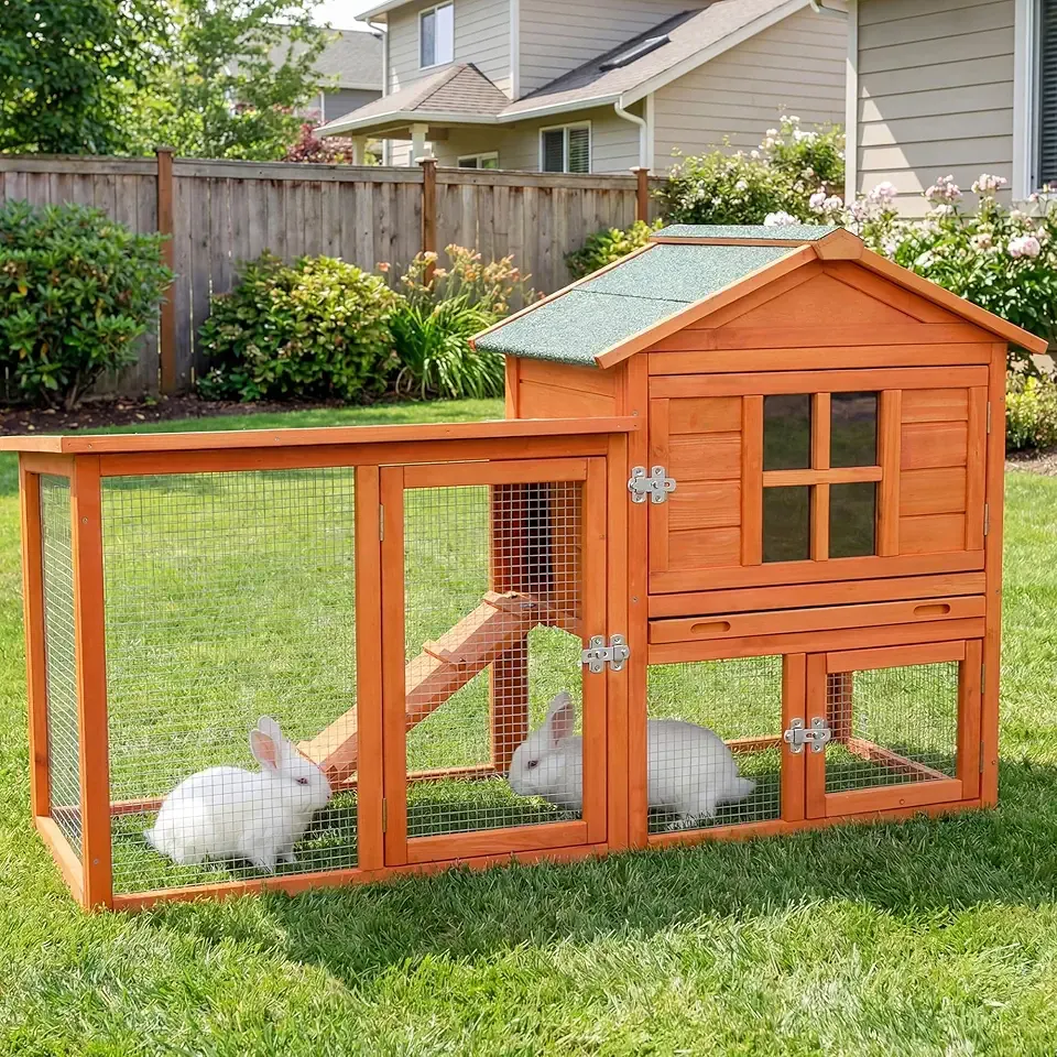 Large Outdoor Indoor Rabbit Hutch Wooden Bunny Rabbit Cage 2-Story with Run No-Leak Pull-Out Tray Waterproof Asphalt Roof Ramp for Guinea Pig Small Animal Wood Pet House Home Orange
