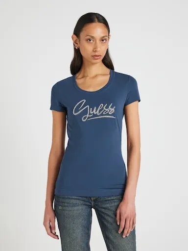 Guess Crew Neck Guess Script Tee In Moonlit Light