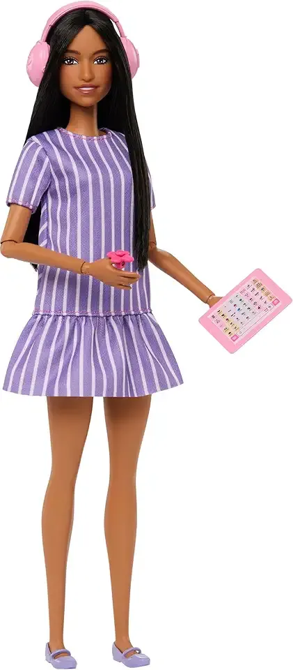 Fashionistas Doll #245, Autistic Doll Wearing Purple Striped Dress with Accessories Like Fidget Spinner, Tablet and Headphones