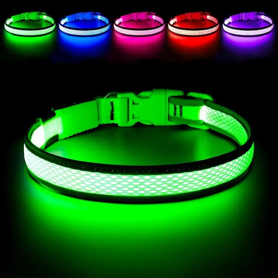 Flashseen LED Dog Collar, Light Up Dog Collar USB Rechargeable, Brightest Dog Lights for Night Walking, Adjustable Dog Collar Light for Dog Safety (Green, Large)