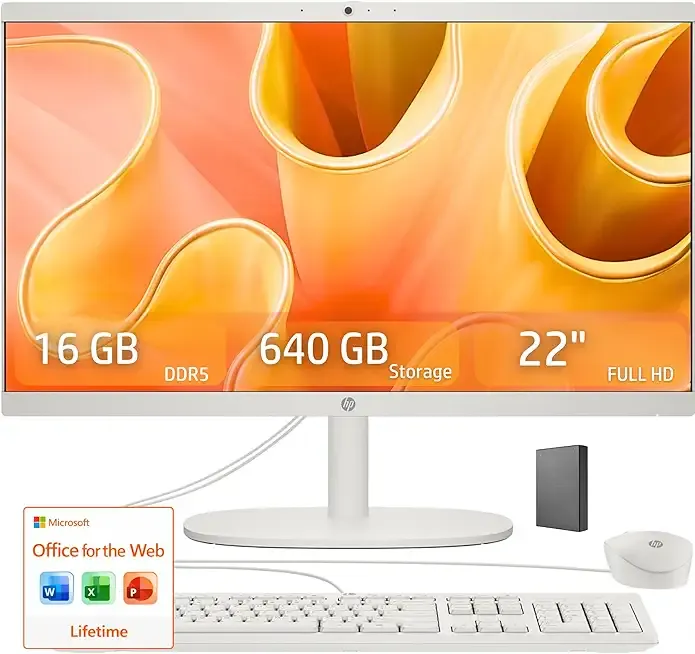 HP 22" FHD All-in-One Desktop Computer • 16GB DDR5 RAM • 512GB External and 128GB UFS Storage | The New Version for Everyday Efficency • Latest 13th Gen Intel Quad-Core • Office 365 for The Web