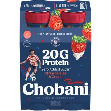 Chobani 20G Protein Zero Sugar Added Strawberries & Cream Yogurt Drink 10 oz Bottles, 4 ct