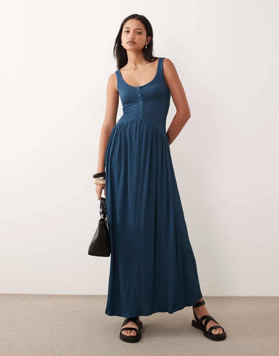 ASOS DESIGN crinkle button through midi dress in denim blue