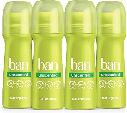Ban Invisible Roll-On Antiperspirant Deodorant, Unscented, 3.5 oz, 4pk | 24-Hour Sweat and Odor Protection, No White Residue, Unscented, For Women and Men, Sensitive Skin-Friendly, 4-Pack Value Ban Invisible Roll-On Antiperspirant Deodorant, Un…