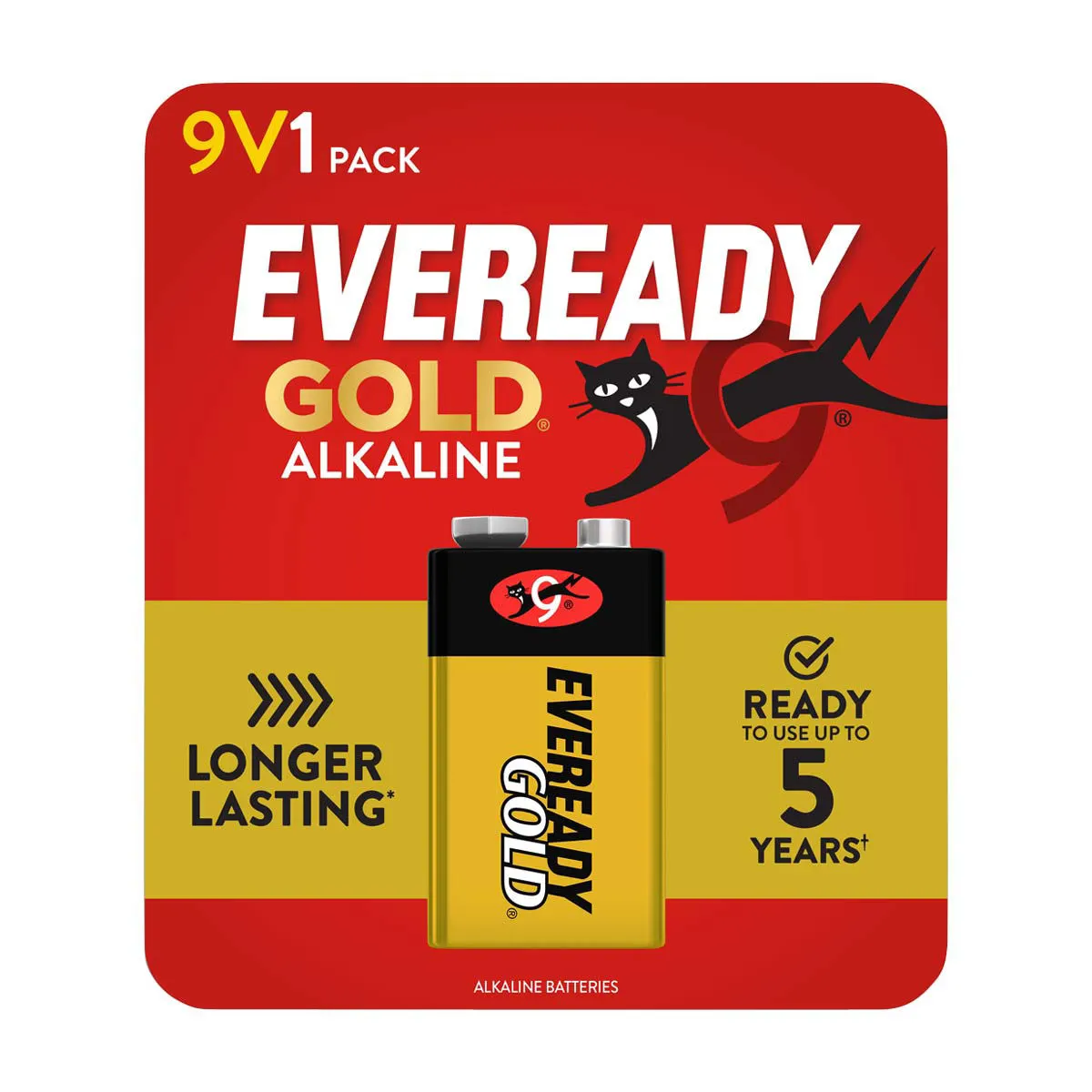 Eveready Gold Alkaline 9V Batteries, 1 Pack of 9 Volt Batteries
