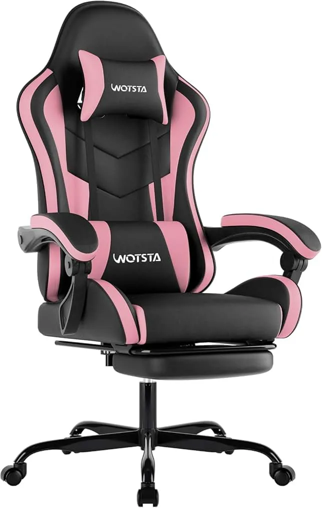 WOTSTA Ergonomic Gaming & Office Chair, Footrest, Racing Design Black/Pink | PVC with headrest,lumbar, Adjustable…