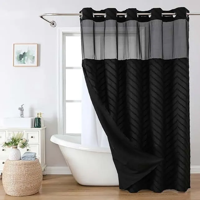 eachope No Hook Tufted Chevron Striped Shower Curtain with Snap-in Fabric Liner set-71Wx74H(72H),Black Hotel Grade Boho Style Shower Curtain with See Through Top Window,Water Repellent