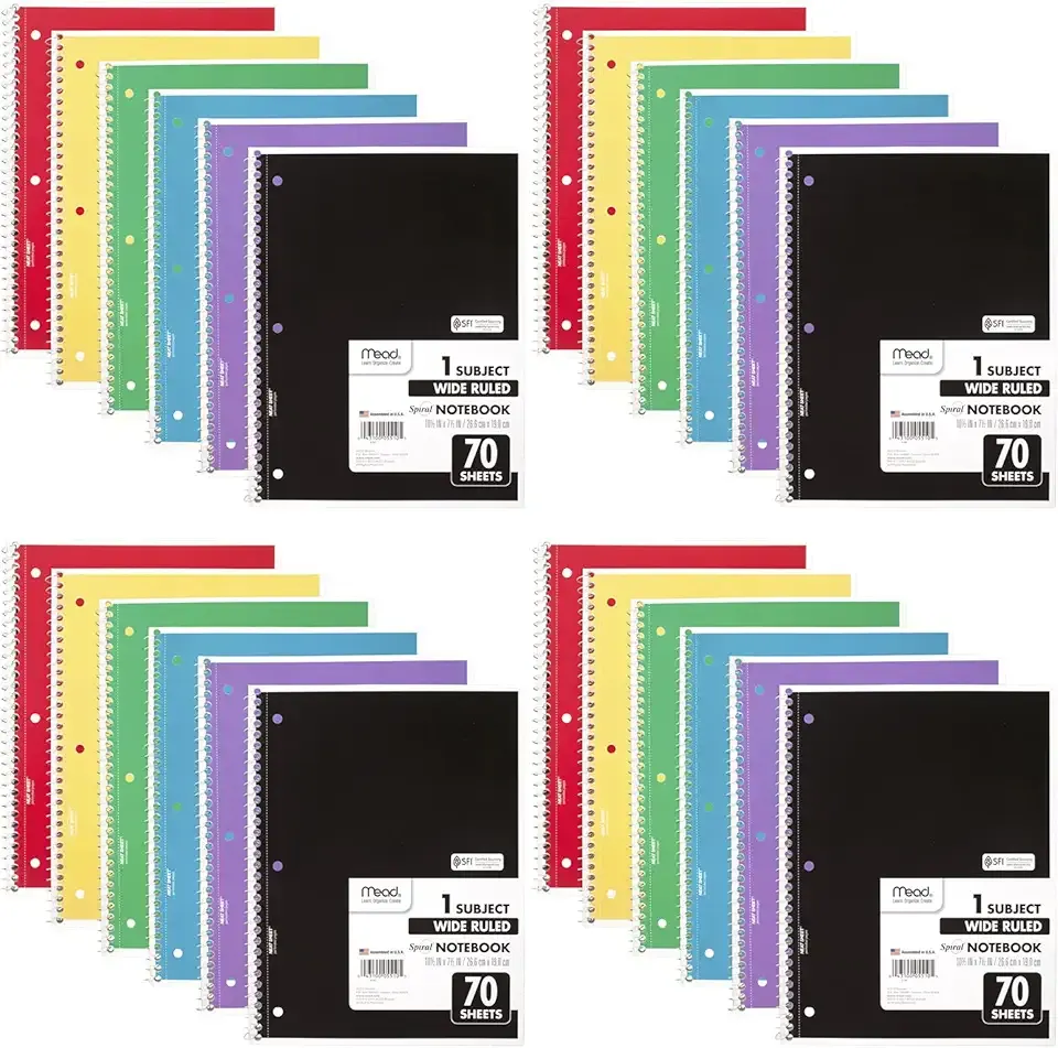 Mead Spiral Notebook, 24 Pack, 1 Subject, Wide Ruled Paper, 7-1/2" x 10-1/2", 70 Sheets per Notebook, Colors Will Vary (930203-ECM25)