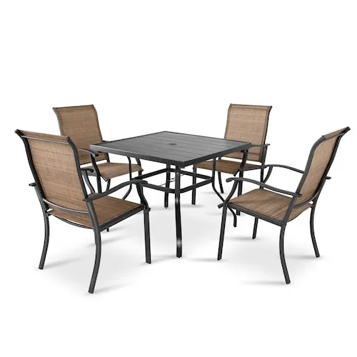 Nuu Garden Brown 5-Piece Textilene and Iron Outdoor Dining Set, 4 Dining Chairs and Square Dining Table with Umbrella Hole