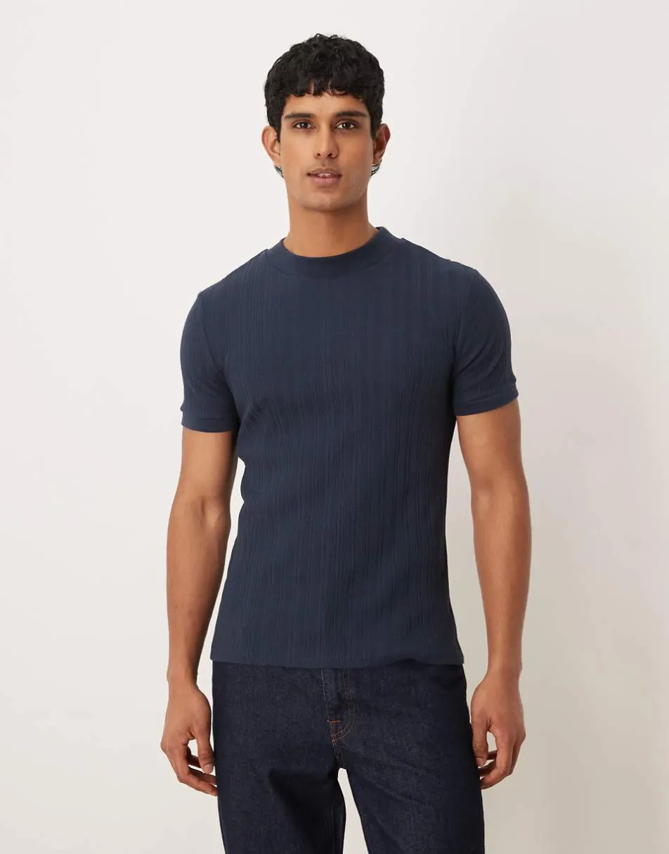 ASOS DESIGN muscle fit t-shirt with high neck in navy texture