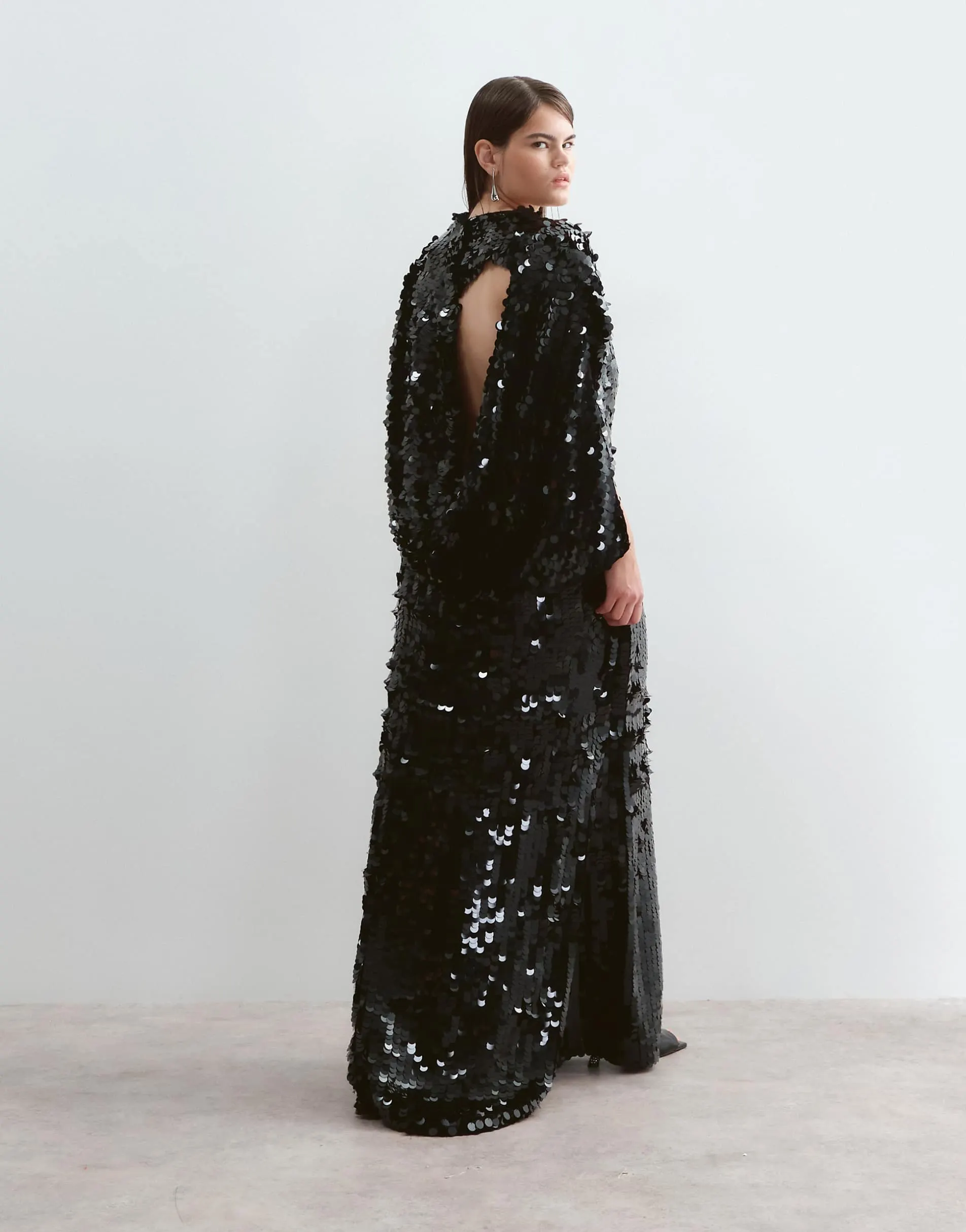 ARRANGE Curve open cowl back minimal maxi dress in sequin in black