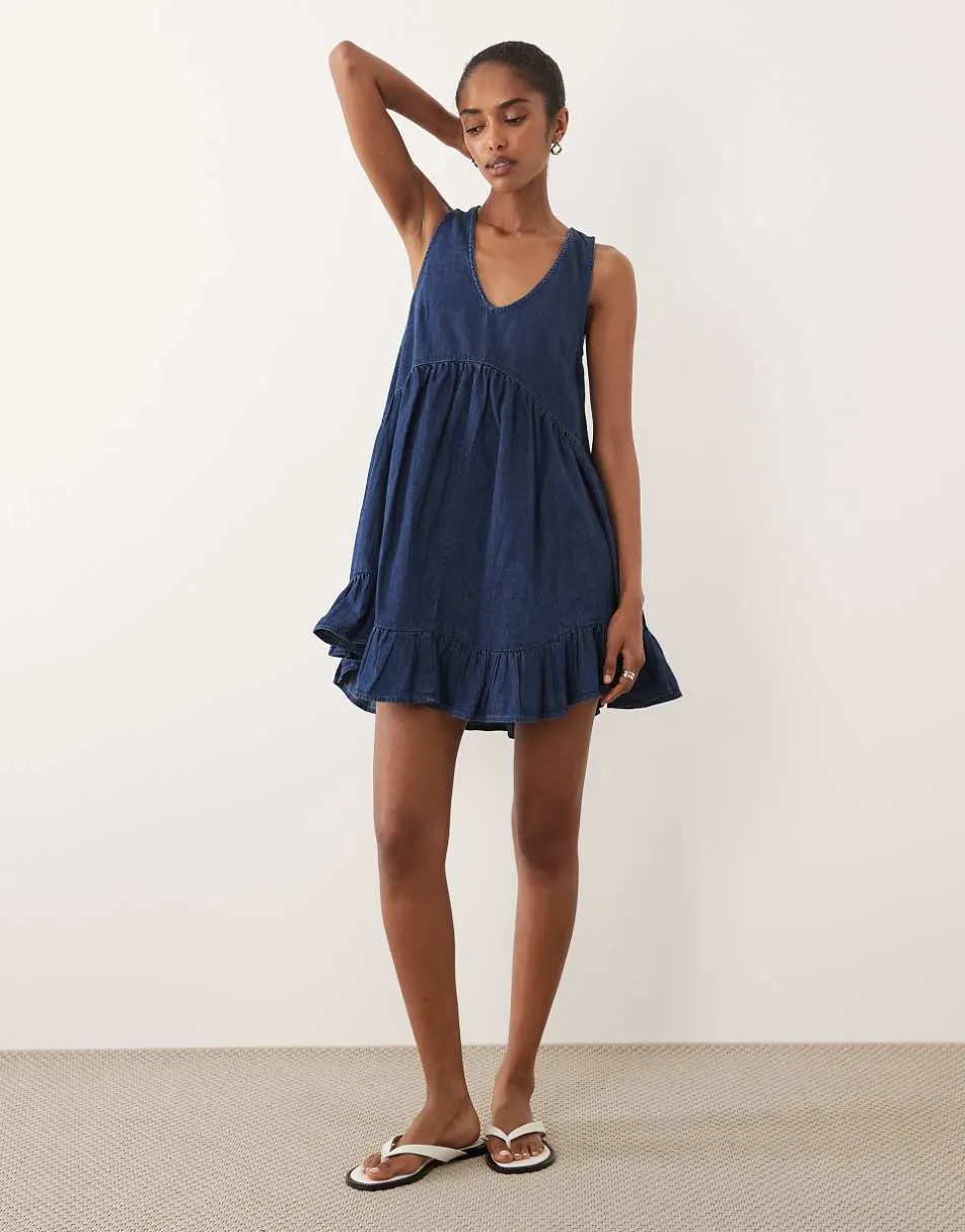 ASOS DESIGN denim v neck tiered smock dress in mid blue