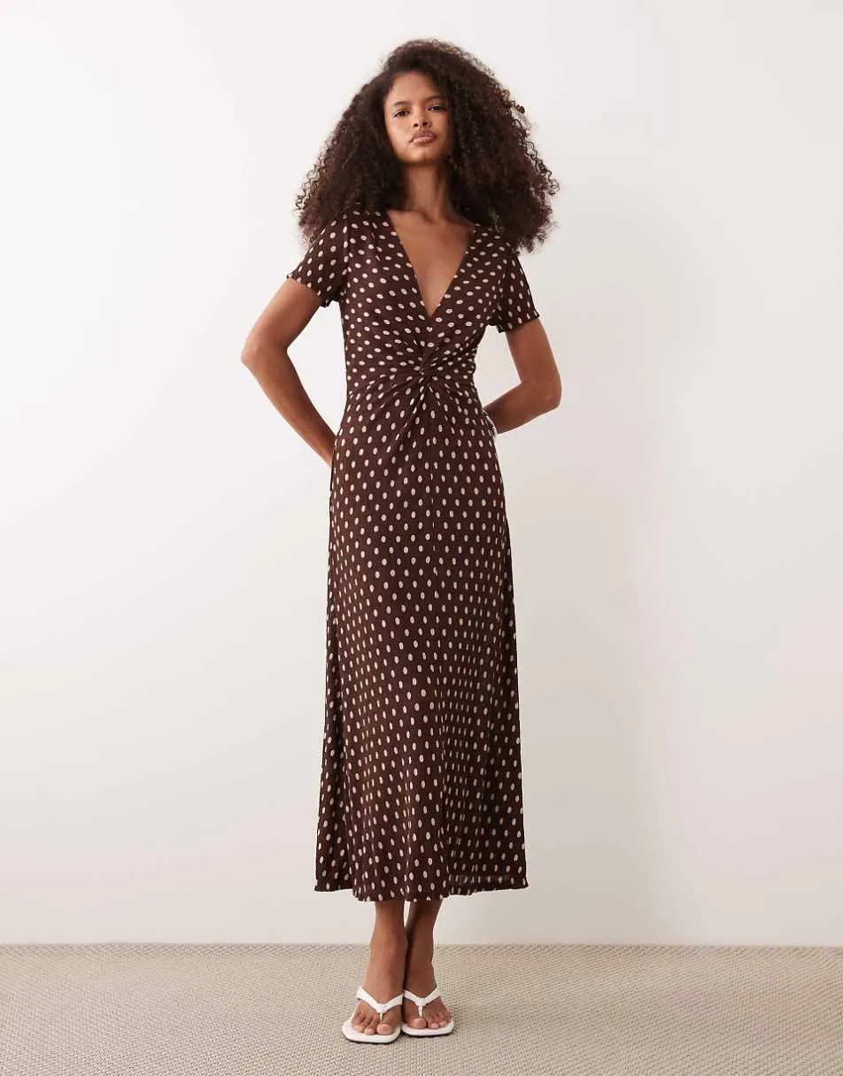 Mango twist front v neck midi dress in brown and cream polka dot