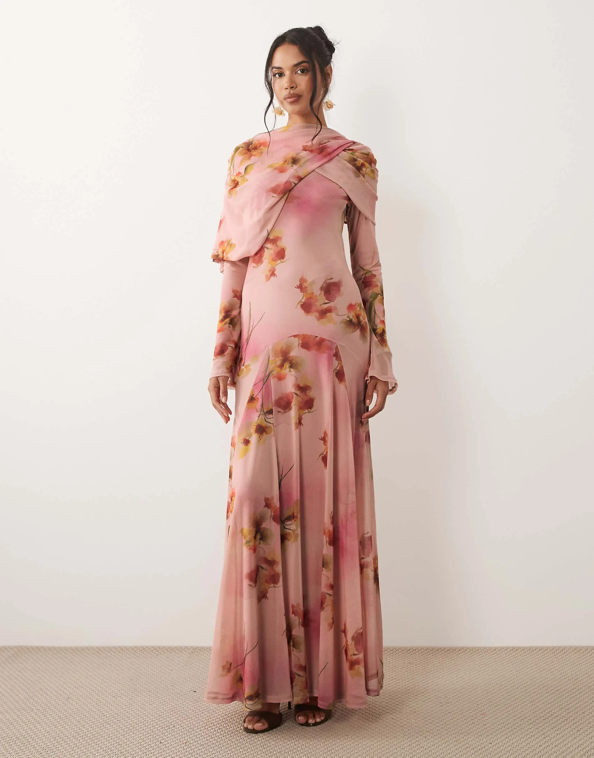 ASOS DESIGN long sleeve maxi dress in pink floral print