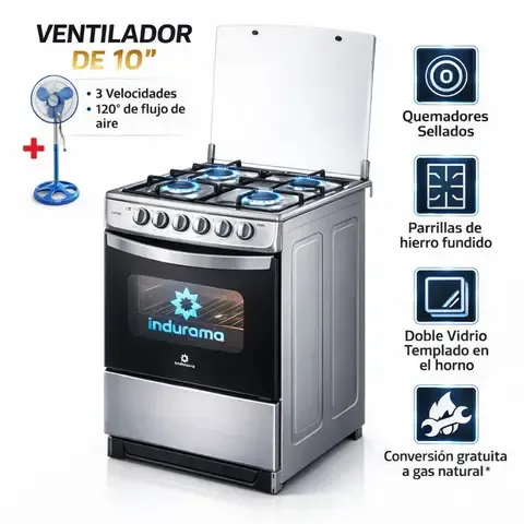 Cocina Indurama Coruña De 4 Hornillas Gris + Ventilador