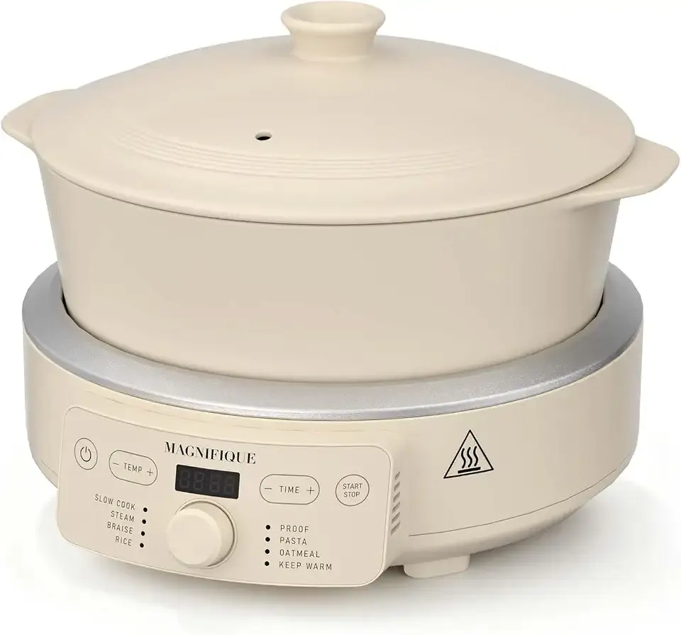 4.5 Quart Slow Cooker, 8-in-1 Casserole Programmable Round Multi-Cooker, Non-Toxic Clay pot Slow Cooker for Rice, Pasta, Steam & Proof, Oven Safe Pot to 450°F, Oatmeal