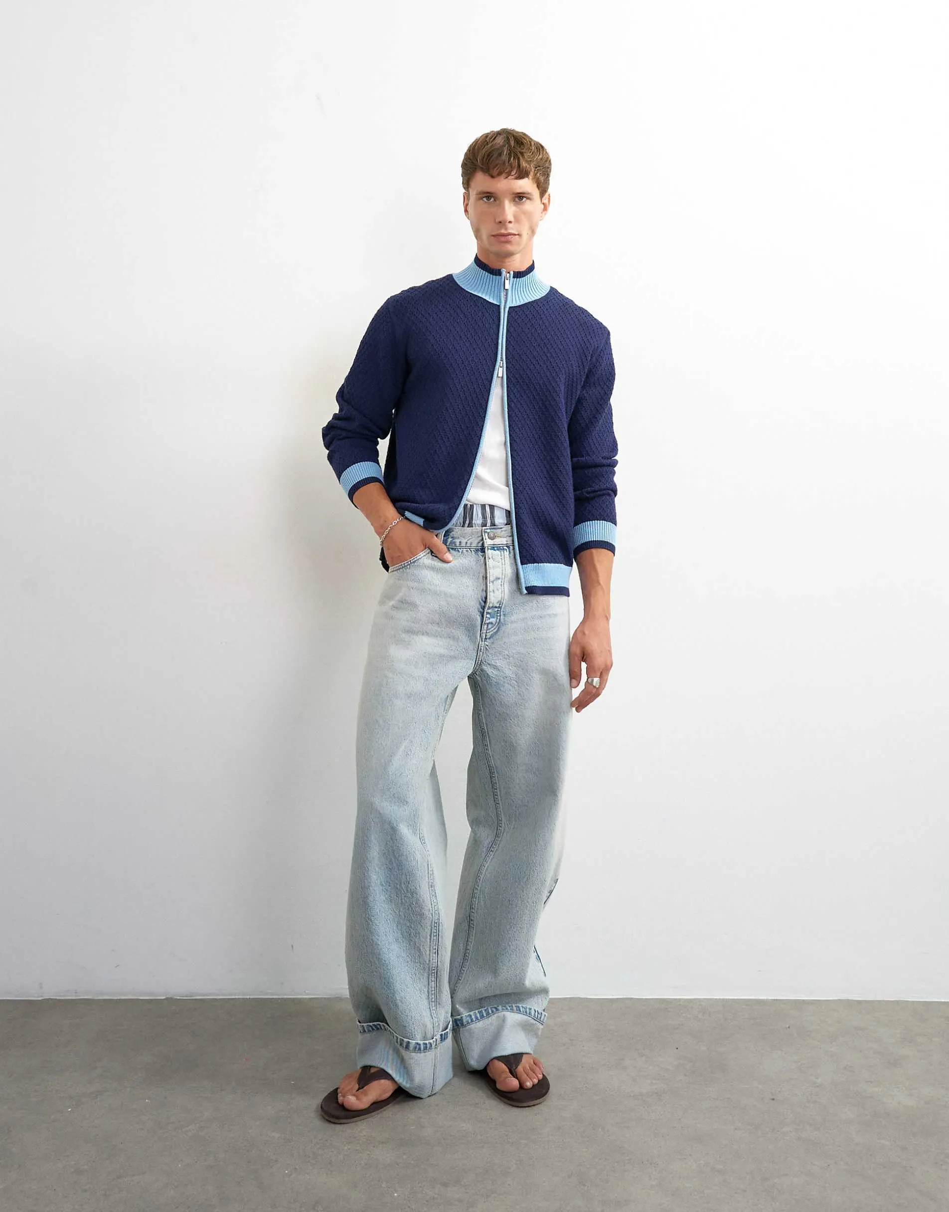 Topman rigid baggy fit jean with turn-up in light wash