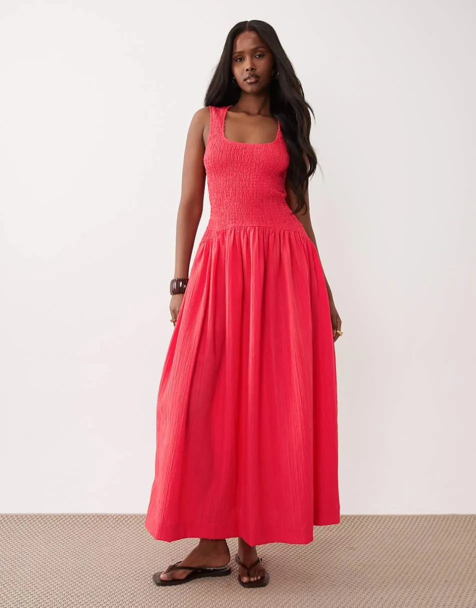 ASOS DESIGN crinkle scoop neck maxi sundress with shirred waist in fiery red