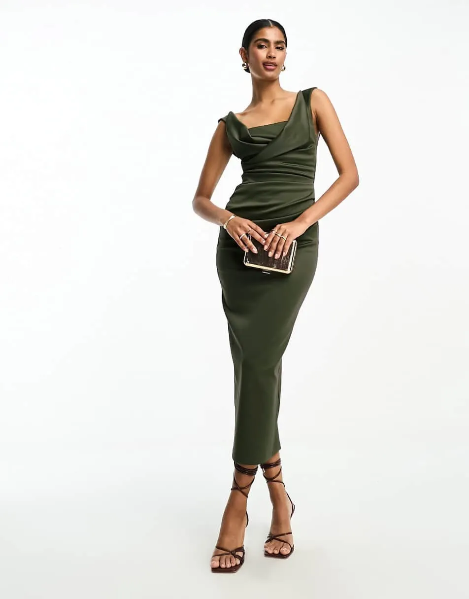 ASOS DESIGN square neck pleat bust midi pencil dress in green