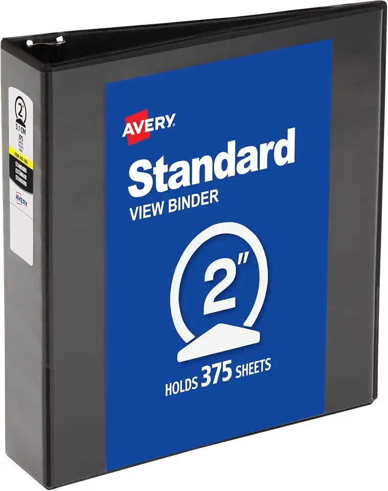 Avery Standard View 3 Ring Binder, 2" Round Rings, 1 Black Binder | For School, Home and Everyday Organization, Clear View Covers, Interior Storage Pockets, Lay-Flat Pages, PVC-Free Pockets