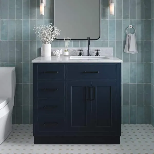 ARIEL Hepburn 36 in. Single Sink Freestanding Bathroom Vanity in Midnight Blue with 0.75 in. Carrara White Marble Top