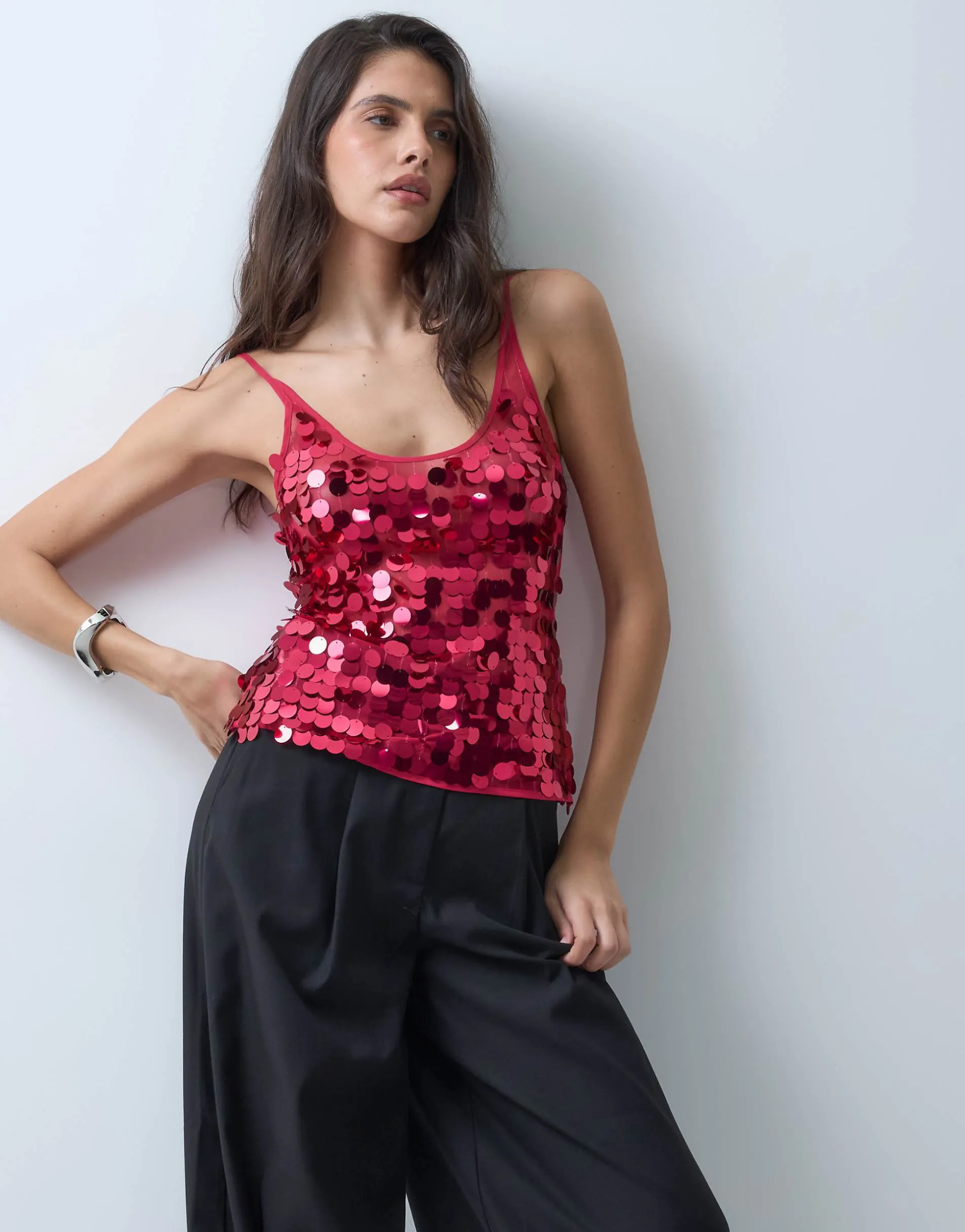 ASOS DESIGN disc scatter sequin scoop neck sleeveless top in pink