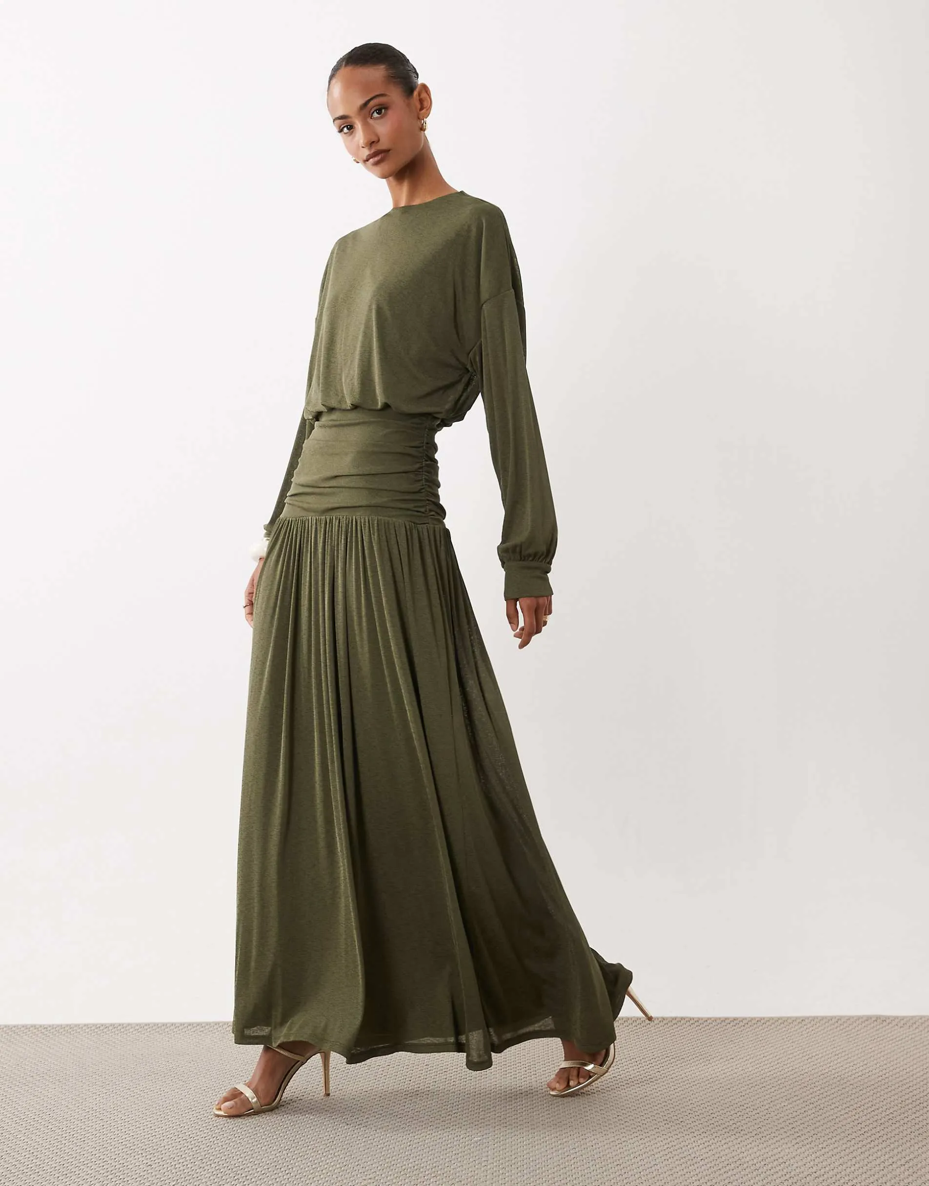 Daska lightweight ruched drop waist drape detail maxi dress in khaki