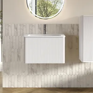 Lavabo de 60 cm de ancho con mueble bajo para baños pequeños, lavabo de resina mineral, diseño acanalado en blanco, premontado