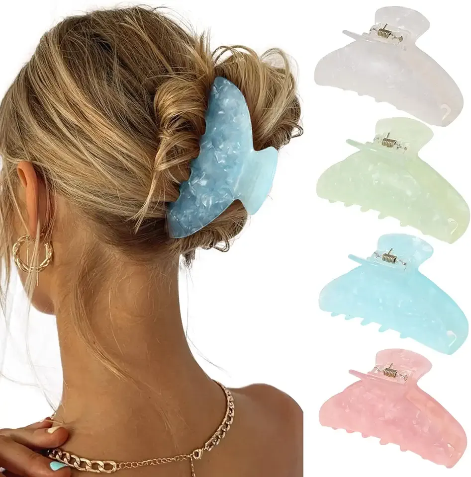 4Pcs Large Acrylic Hair Claw Clips - Hair Clips with Strong Hold for Thick Hair, Non-slip Banana Barrettes for Women Girls (Shell: light green/white/pink/blue)