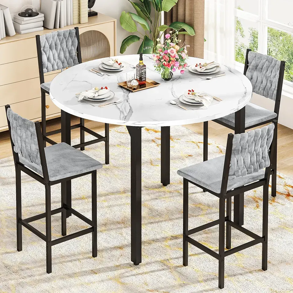 AWQM Round Dining Table Set for 4, Gray Hand-Woven Velvet Bar Stools(White) | Counter Height Round Kitchen Table and Chairs, Easy to Assemble & Clean, Apartments, Kitchen,Dining Room,Breakfast Nook