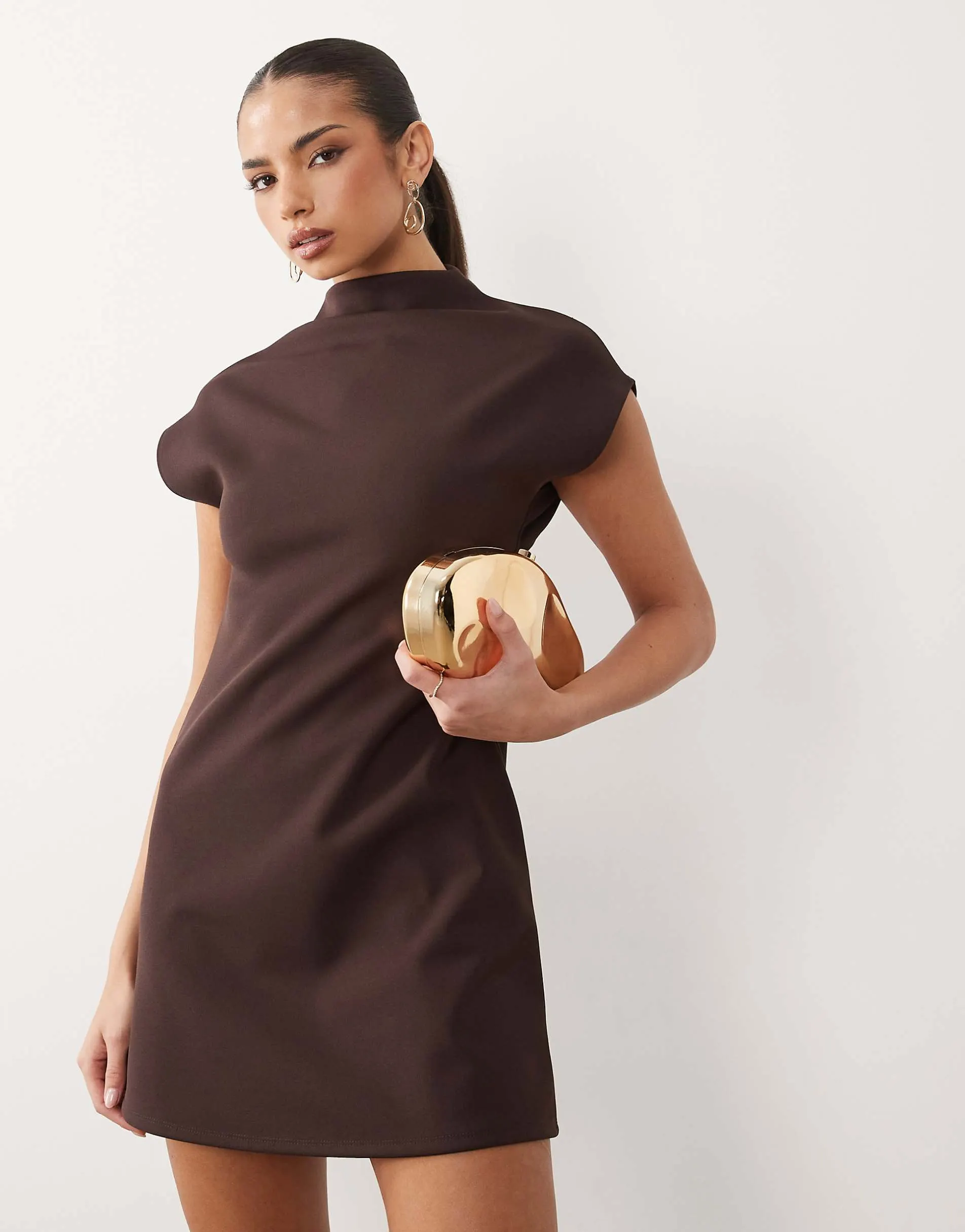 ASOS DESIGN high neck grown on sleeve bonded crepe mini dress in chocolate