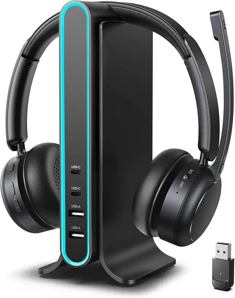Bluetooth Headset, Wireless Headset with Mic for Work, Qualcomm Chipeset Dongle, V5.4 Headsets with Microphone for Work, Wireless Noise Cancelling Headphones Busy/Mute Light for PC Computer Office WFH