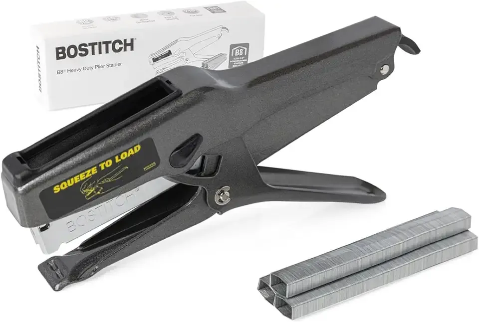 Bostitch Office B8 Plier Heavy Duty Stapler with 1250 1/4" Staples - Full Strip Metal Bostitch Stapler for Cardboard, Paper and Fabric (45 Sheet Capacity)