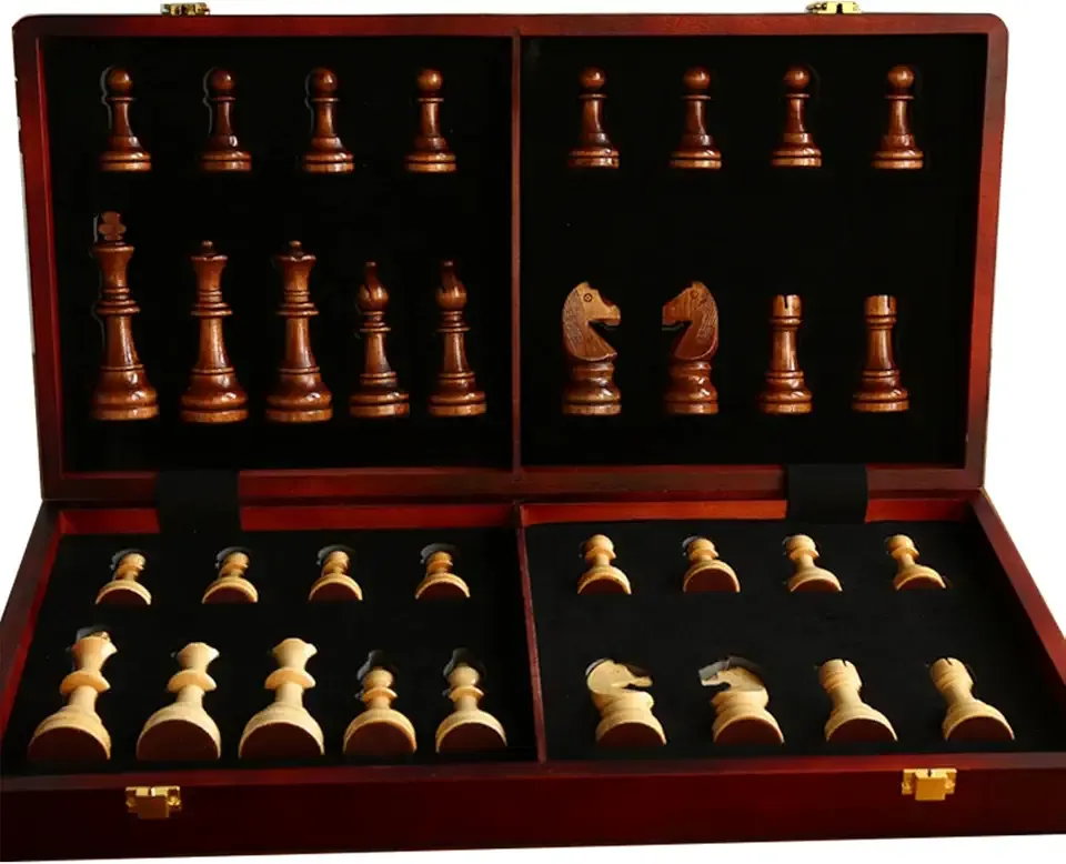 20" Extra Large Solid Walnut Wooden Chess Set for Adults - 4.25'' King Staunton Pieces, 2 Extra Queens, Folding Tournament Board with Storage, Handcrafted Gift Set