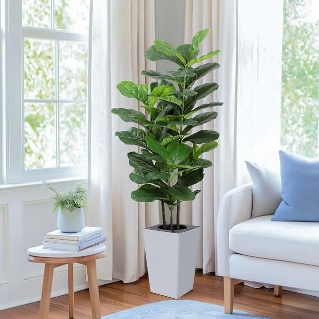 Yepdin 5Ft Fiddle Leaf Fig Tree with White Tall Planter - Fake Fig Silk Plants with 62 Large Fiddle Leaves,Artificial Trees for Home Decor Indoor Outdoor Office