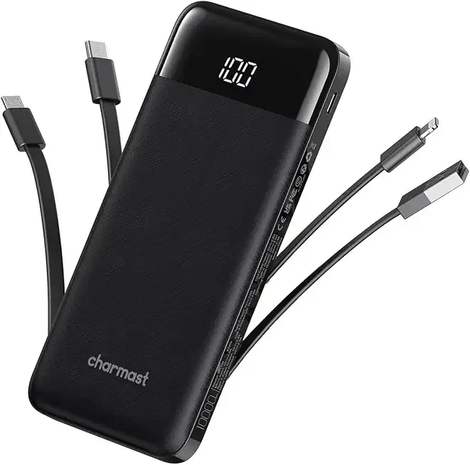 charmast Portable Charger with Built in Cables, Power Bank with Cords Wires, Slim 10000mAh Travel Battery Pack 6 Outputs 3 Inputs 3A Fast Charging for Samsung Google Pixel LG Moto iPhone iPad