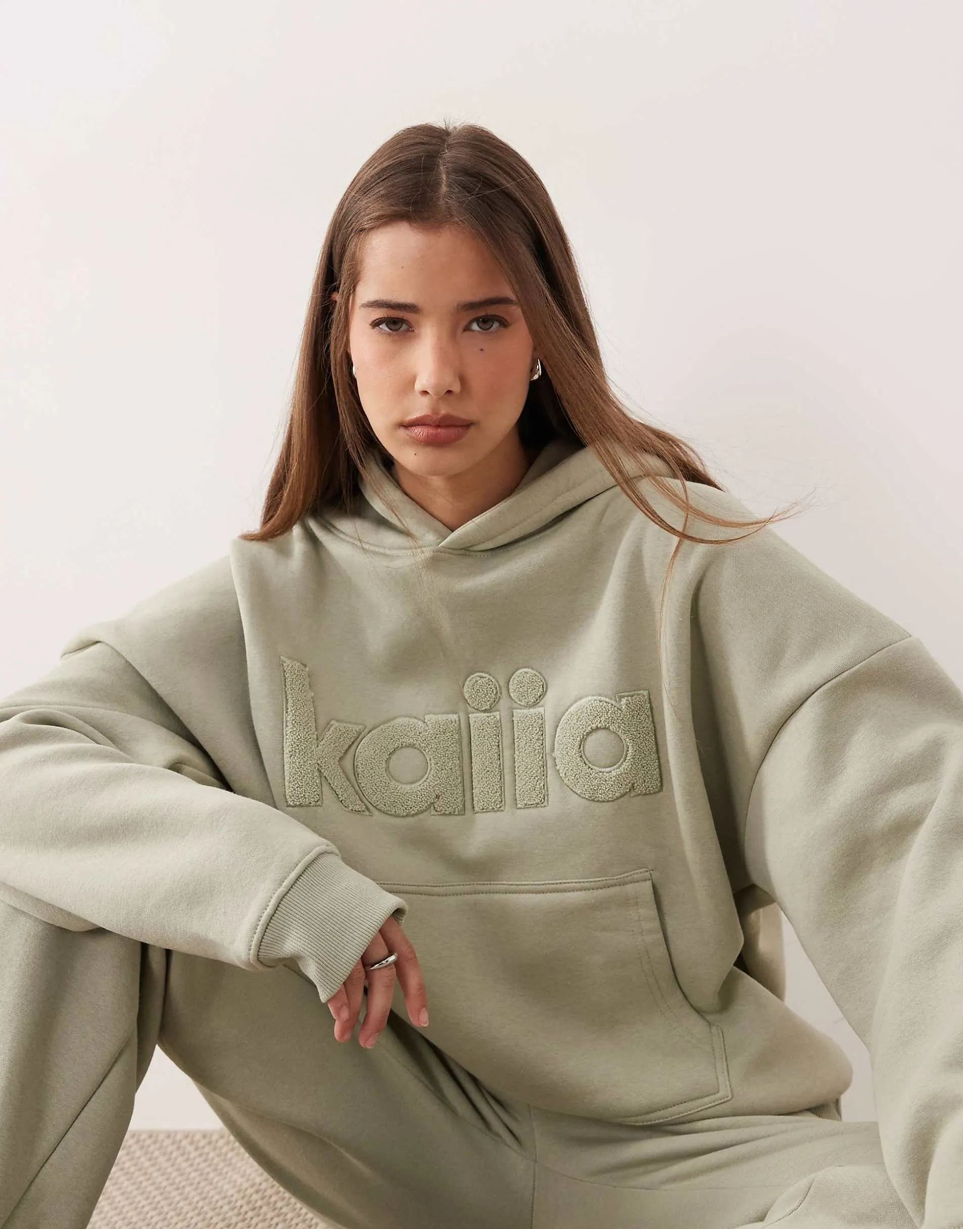 Kaiia cotton rich oversized borg logo hoodie co-ord in sage green