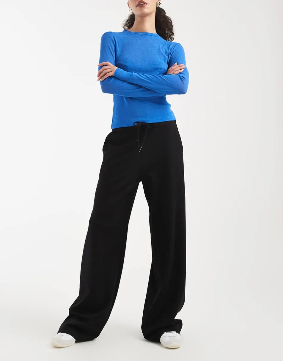 Vero Moda tie waist pull on jersey wide leg trouser in black