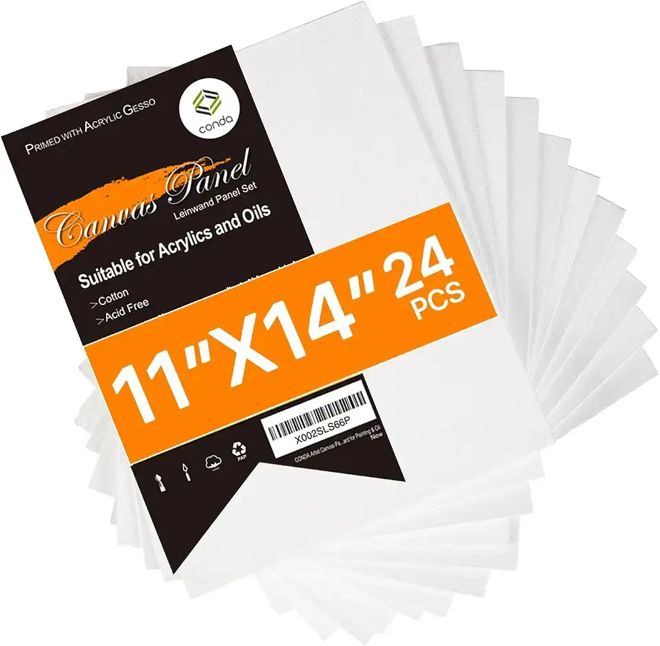 CONDA Canvas Boards for Painting,100% Cotton Canvas Panels, White Blank Canvases, Primed, Acid-Free, Artist Quality for Acrylic, Pouring Watercolor & Oil Painting 11 x 14 inch, 24 Pack