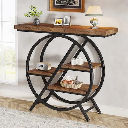 39.37" Brown Wood Console Table with 3-Shelf for Entryway