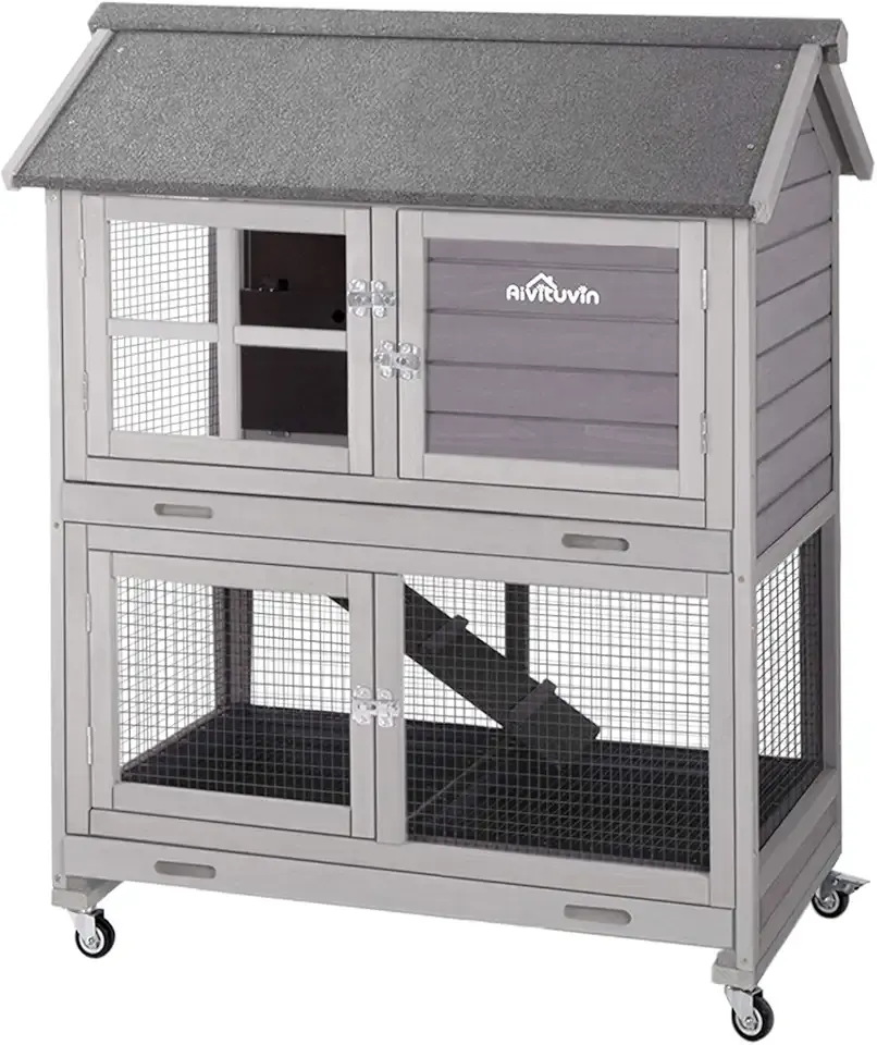 Aivituvin [Upgrade Version] Rabbit Hutch Bunny Hutch, Rabbit Cage with Two No Leak Trays, Indoor & Outdoor Waterproof Cage for Bunny, Upgraded Bottom Wire Netting,Grey,Large, Camel