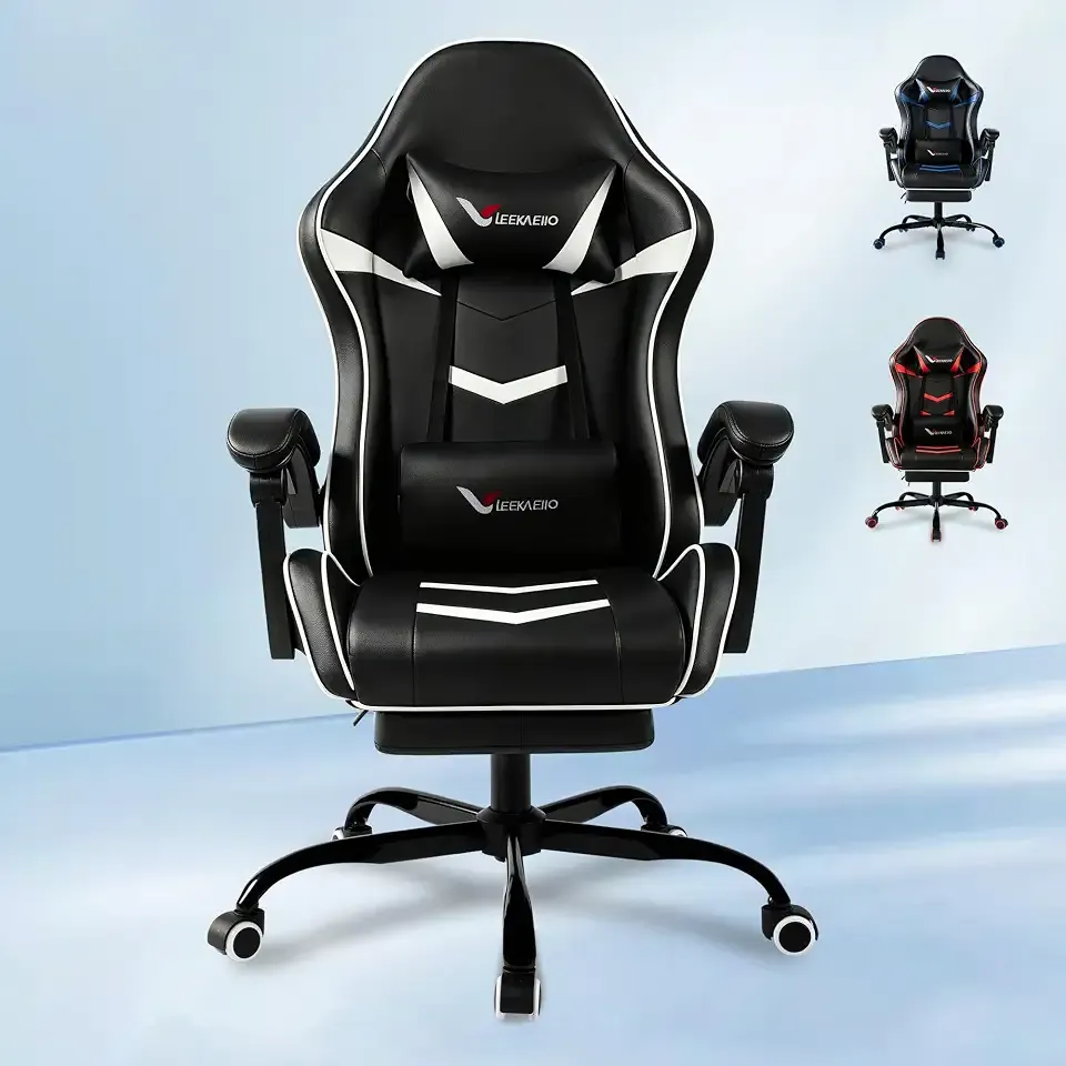 Gaming Chairs for Adults,Independent Pocket Spring Cushion Seat | Black and White Comfy Computer Chair with Enlarged Metal Base,Linkage Armrests and Footrest,Ergonomic Gaming Chair