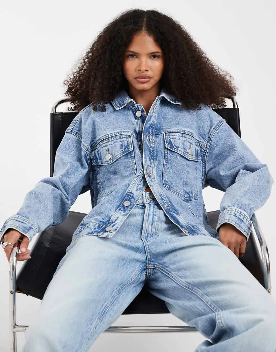 Pieces trucker jacket in light blue denim