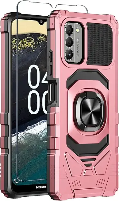 for Nokia G310 5G Case with Tempered Glass Screen Protector,Military Grade Heavy Duty Shockproof Protective Cover,with Ring Kickstand Full-Body Protective Case for Nokia G310 (Pink)